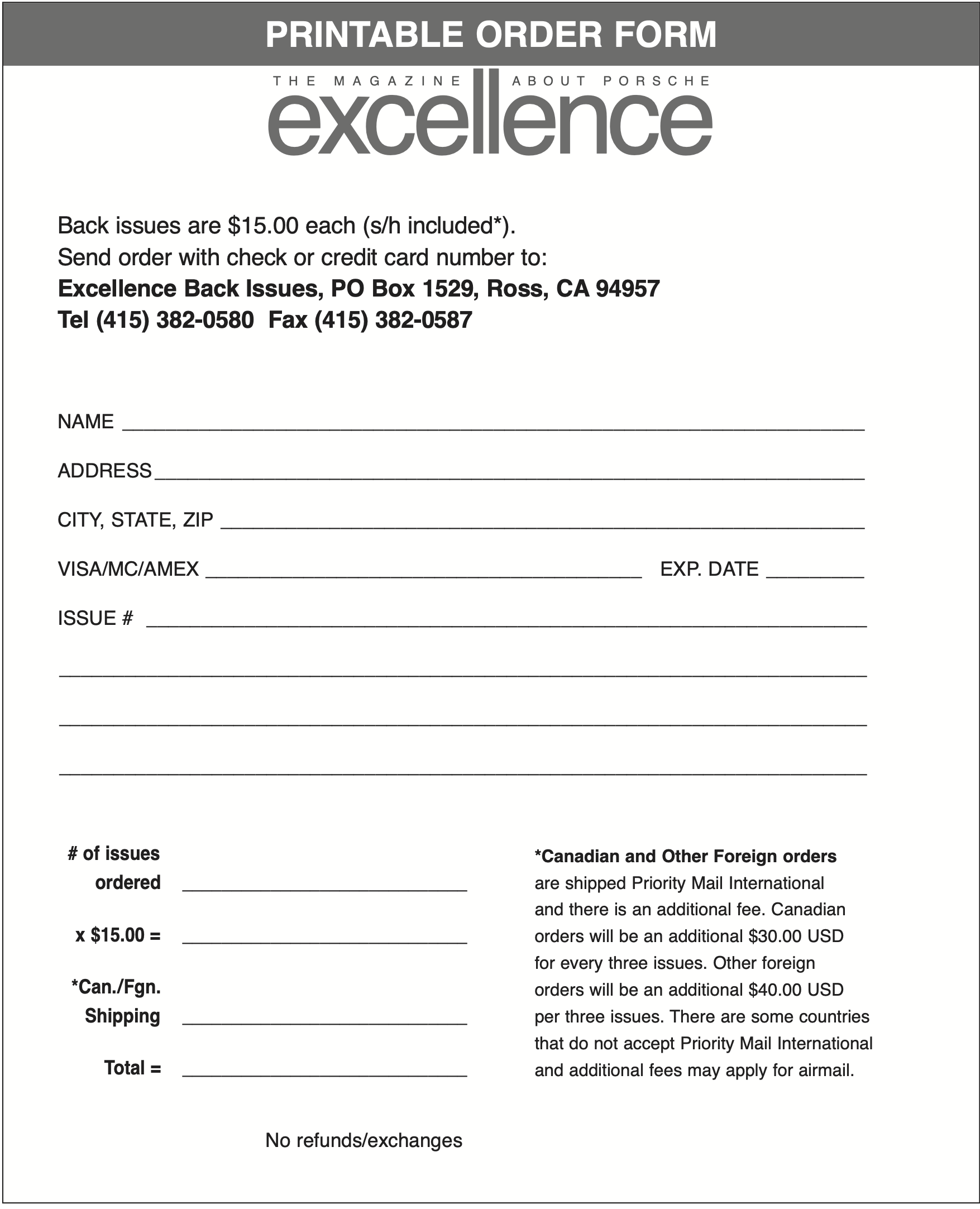 Excellence Back Issues Order Form